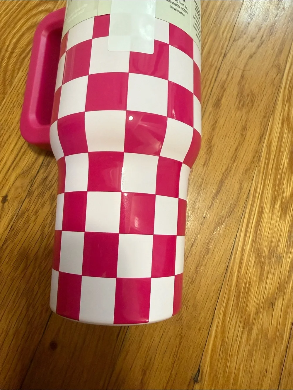 40 oz Pink Checkered Stainless Steel Tumbler with Handle and Straw